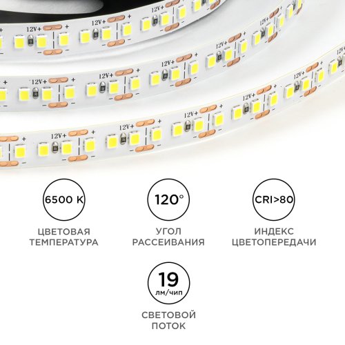 Светодиодная лента 12В Apeyron SMD 2835 180LED 14,4Вт/м 6500К IP20 5м картинка 